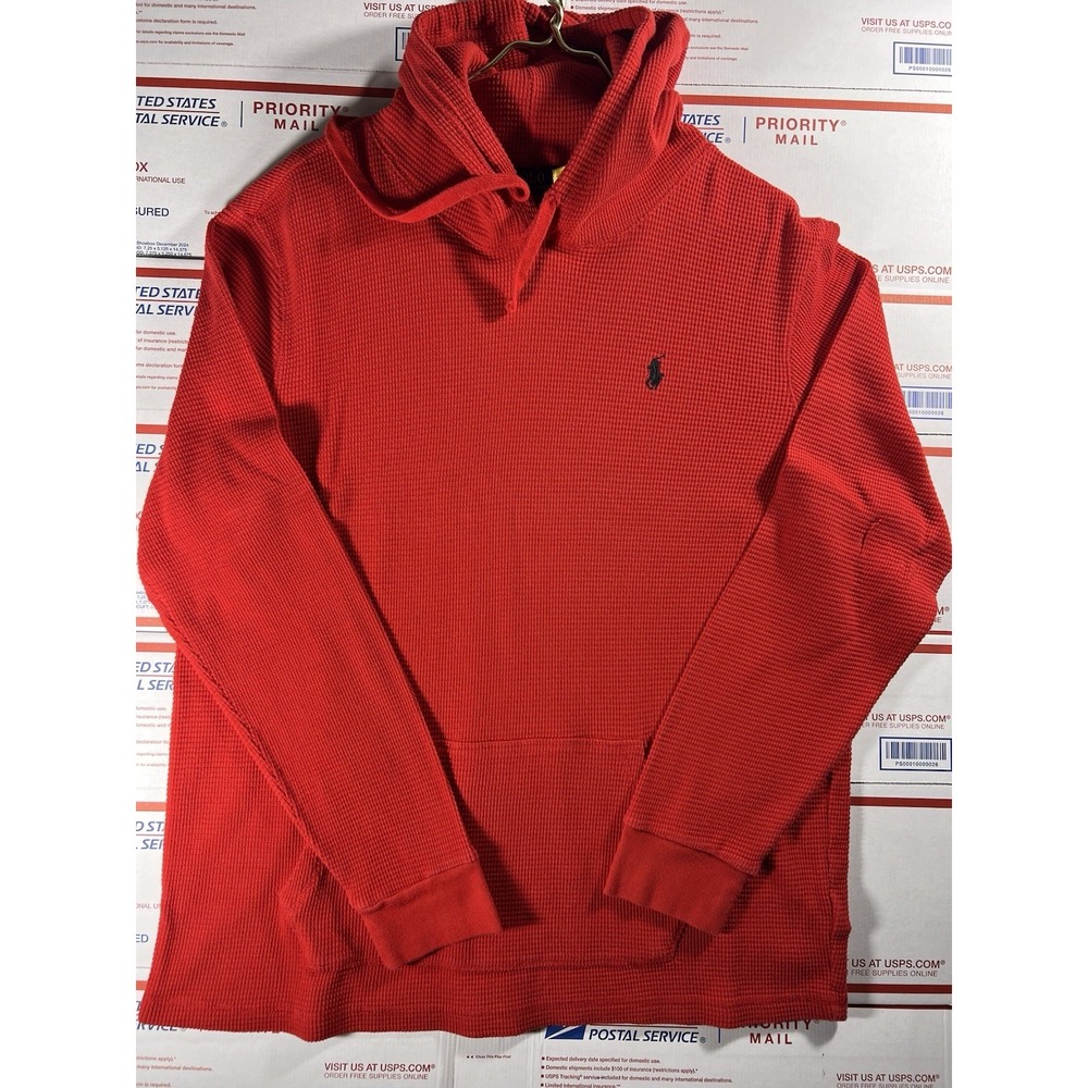 Polo‎ Ralph Lauren Red Thermal Waffle Knit Thick Hoodie Men's XL Dry Cleaned